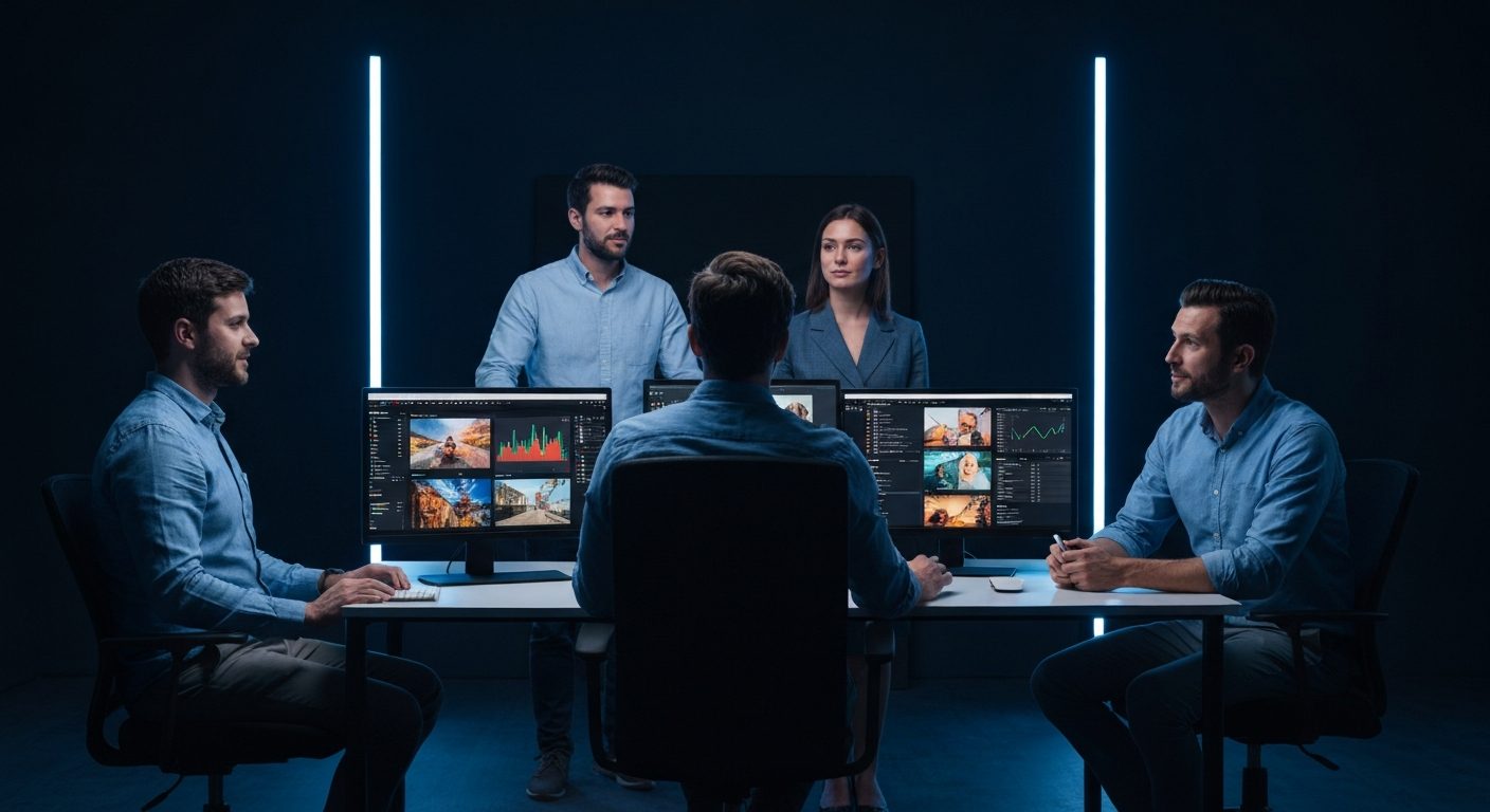 The Media Publishers Group content team reviewing footage in the studio